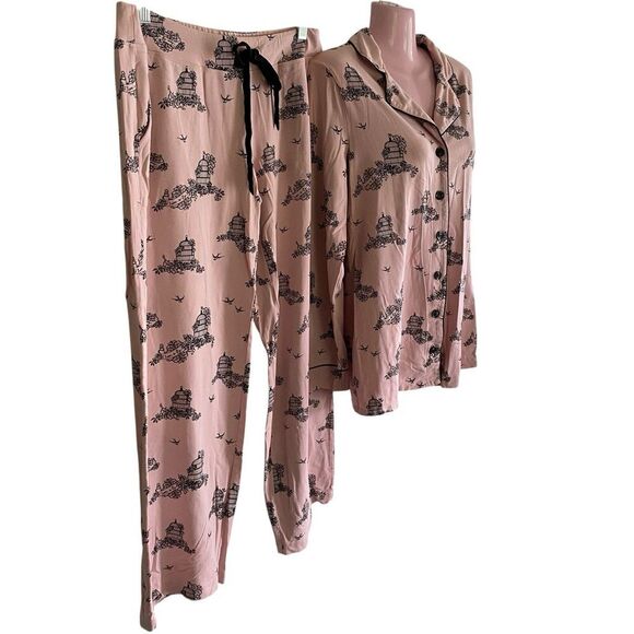 Soma Pajamas Women's Small Black Pink Black Birdcages Top Pants Set Soft Knit - Picture 3 of 5